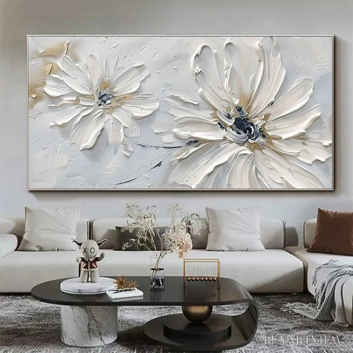 BUYARTVIEW White Blossom Serenity – Textured White Floral Painting, Horizontal - image 6