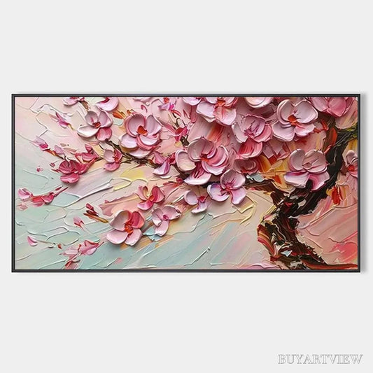 BUYARTVIEW Cherry Blossom Dream – Textured Impasto Cherry Blossom Painting, Horizontal - image 1