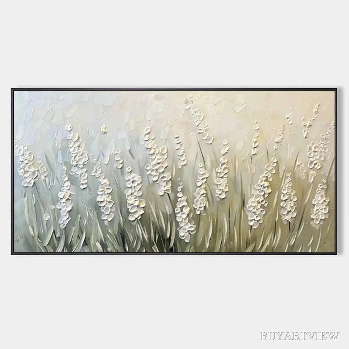 BUYARTVIEW Textured Meadow – Textured Floral Landscape Painting in Green and White - image 1