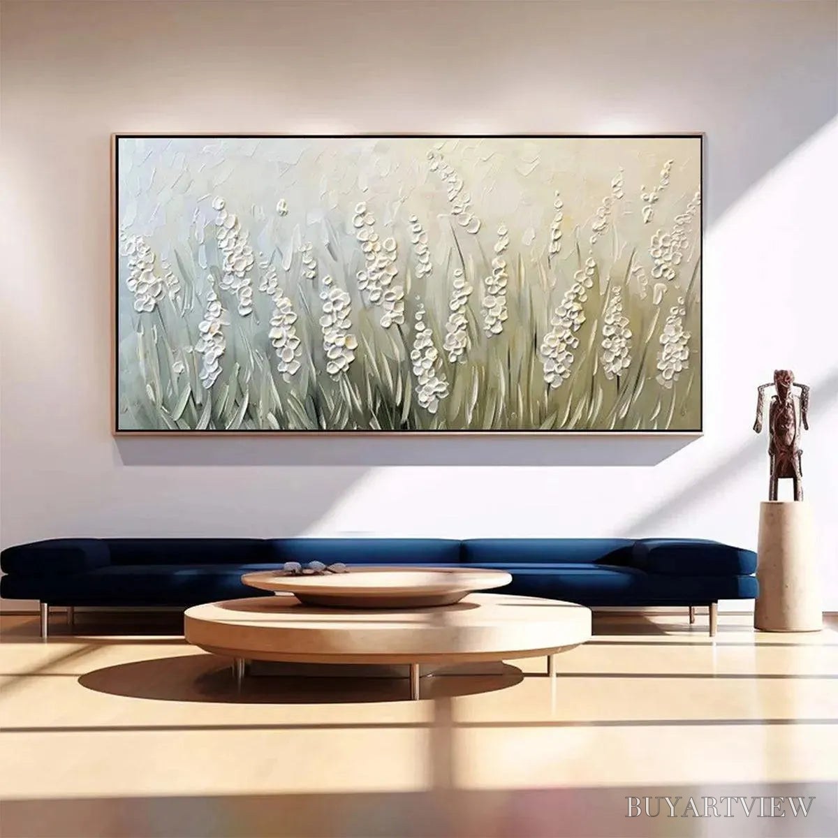 BUYARTVIEW Textured Meadow – Textured Floral Landscape Painting in Green and White - image 2