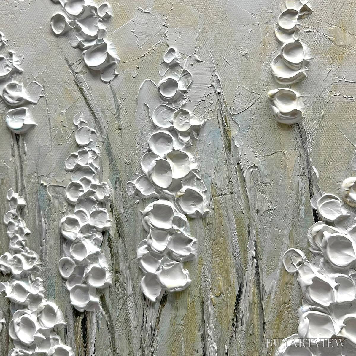 BUYARTVIEW Textured Meadow – Textured Floral Landscape Painting in Green and White - image 3