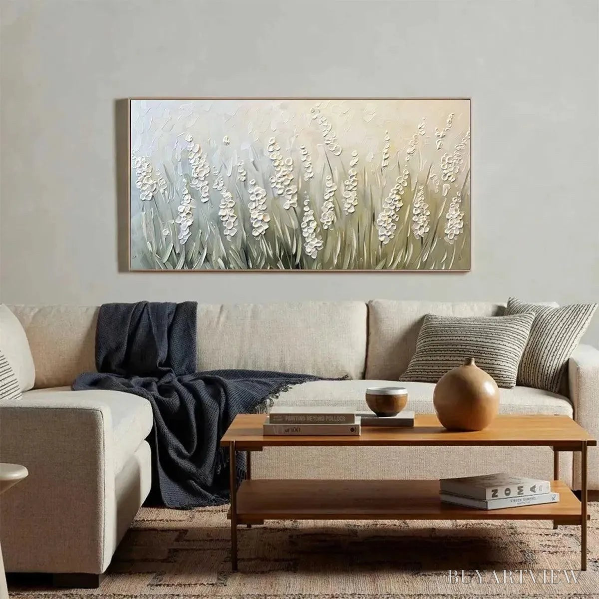 BUYARTVIEW Textured Meadow – Textured Floral Landscape Painting in Green and White - image 4