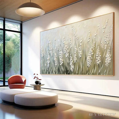BUYARTVIEW Textured Meadow – Textured Floral Landscape Painting in Green and White - image 5