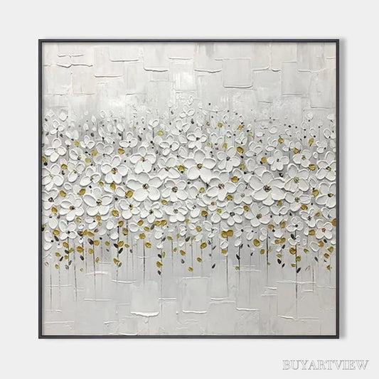 BUYARTVIEW White Blossom Field – Textured White Floral Painting, Square - image 1