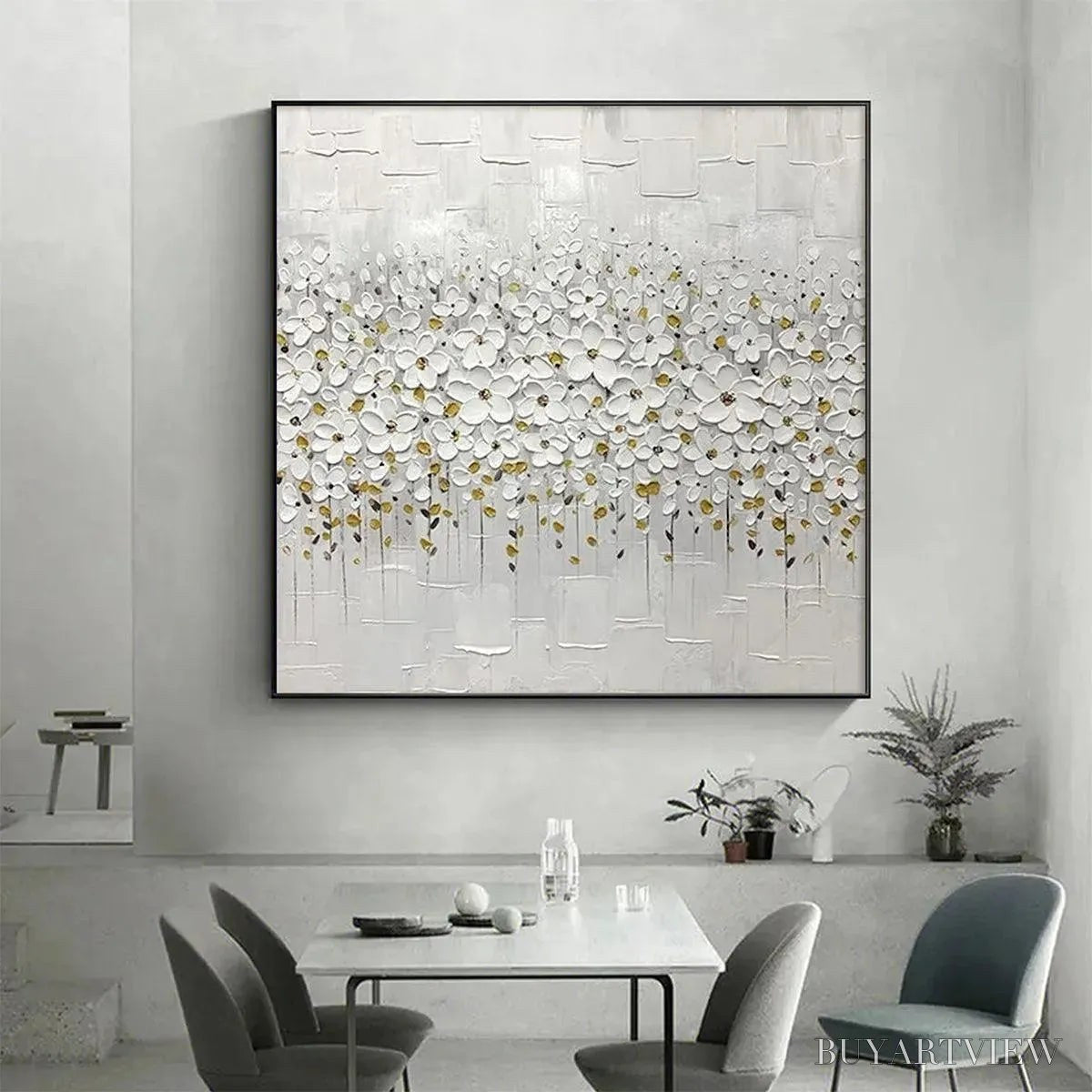 BUYARTVIEW White Blossom Field – Textured White Floral Painting, Square - image 2