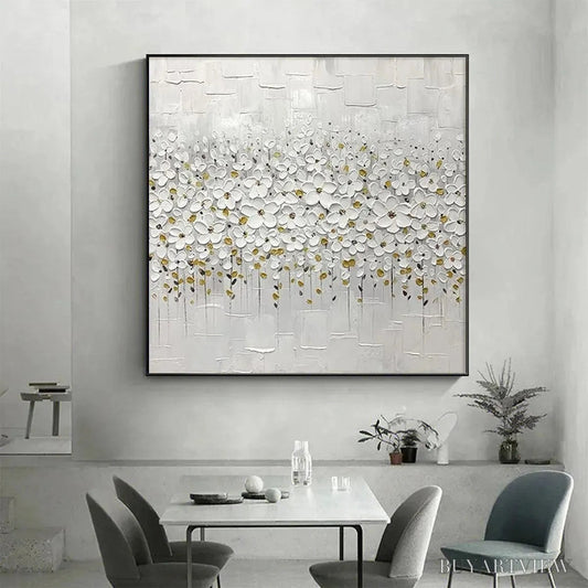 BUYARTVIEW White Blossom Field – Textured White Floral Painting, Square - image 2