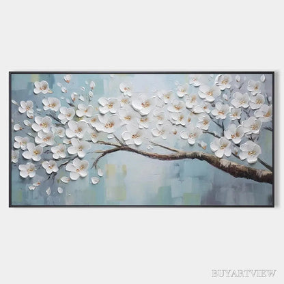 BUYARTVIEW White Blossoms – Textured Floral Painting in White and Blue - image 1