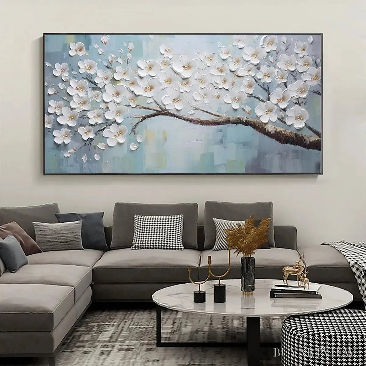 BUYARTVIEW White Blossoms – Textured Floral Painting in White and Blue - image 2