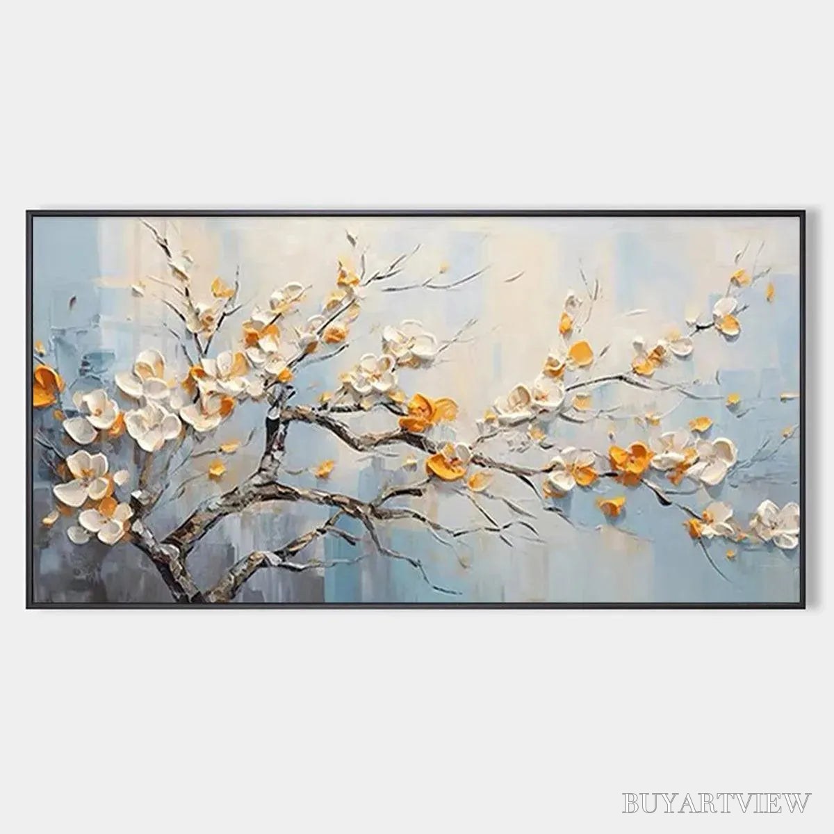 BUYARTVIEW Spring Blossoms – Textured Floral Painting in White and Gold - image 1