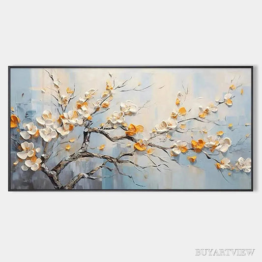 BUYARTVIEW Spring Blossoms – Textured Floral Painting in White and Gold - image 1
