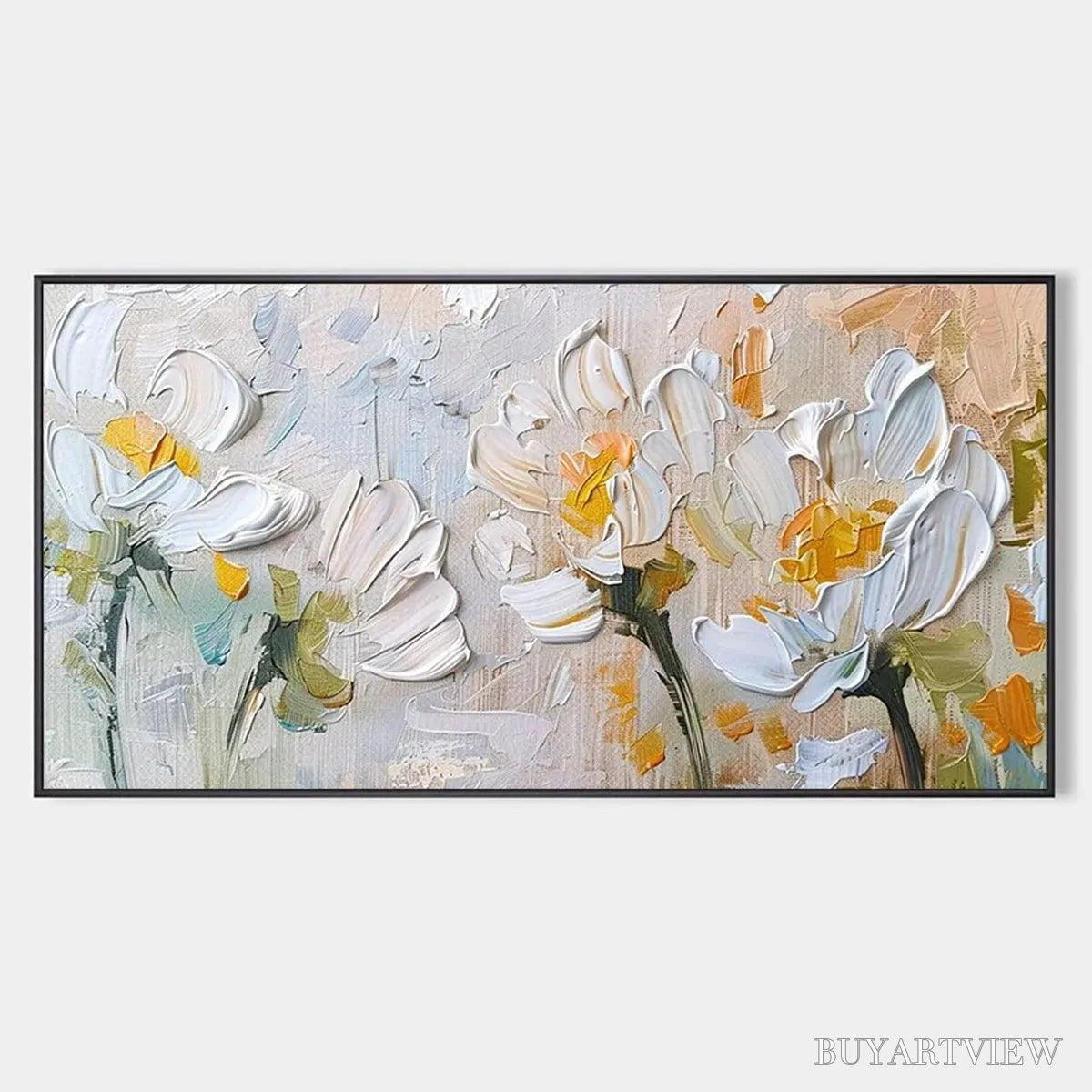 BUYARTVIEW White Blossoms – Textured Impasto Floral Painting in White and Beige - image 1