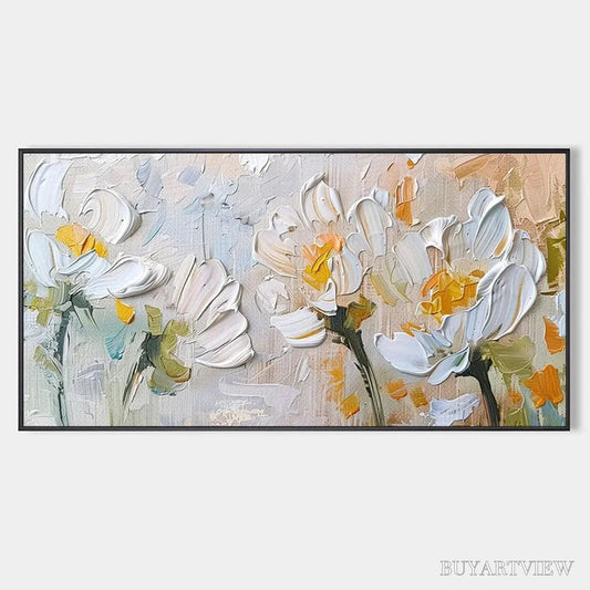 BUYARTVIEW White Blossoms – Textured Impasto Floral Painting in White and Beige - image 1