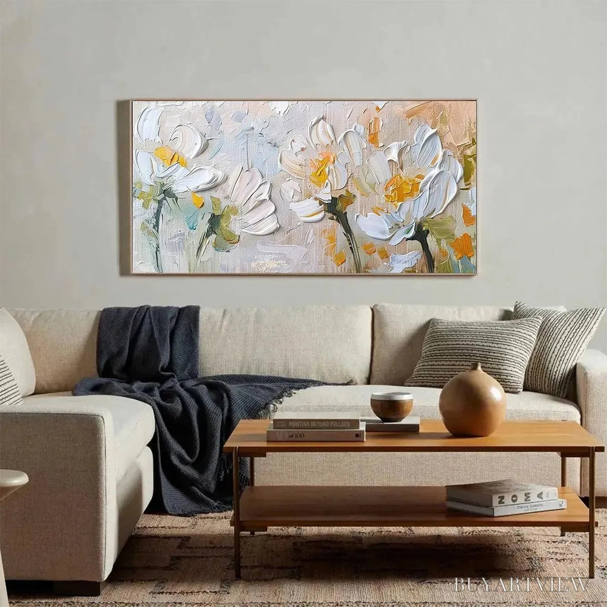 BUYARTVIEW White Blossoms – Textured Impasto Floral Painting in White and Beige - image 4
