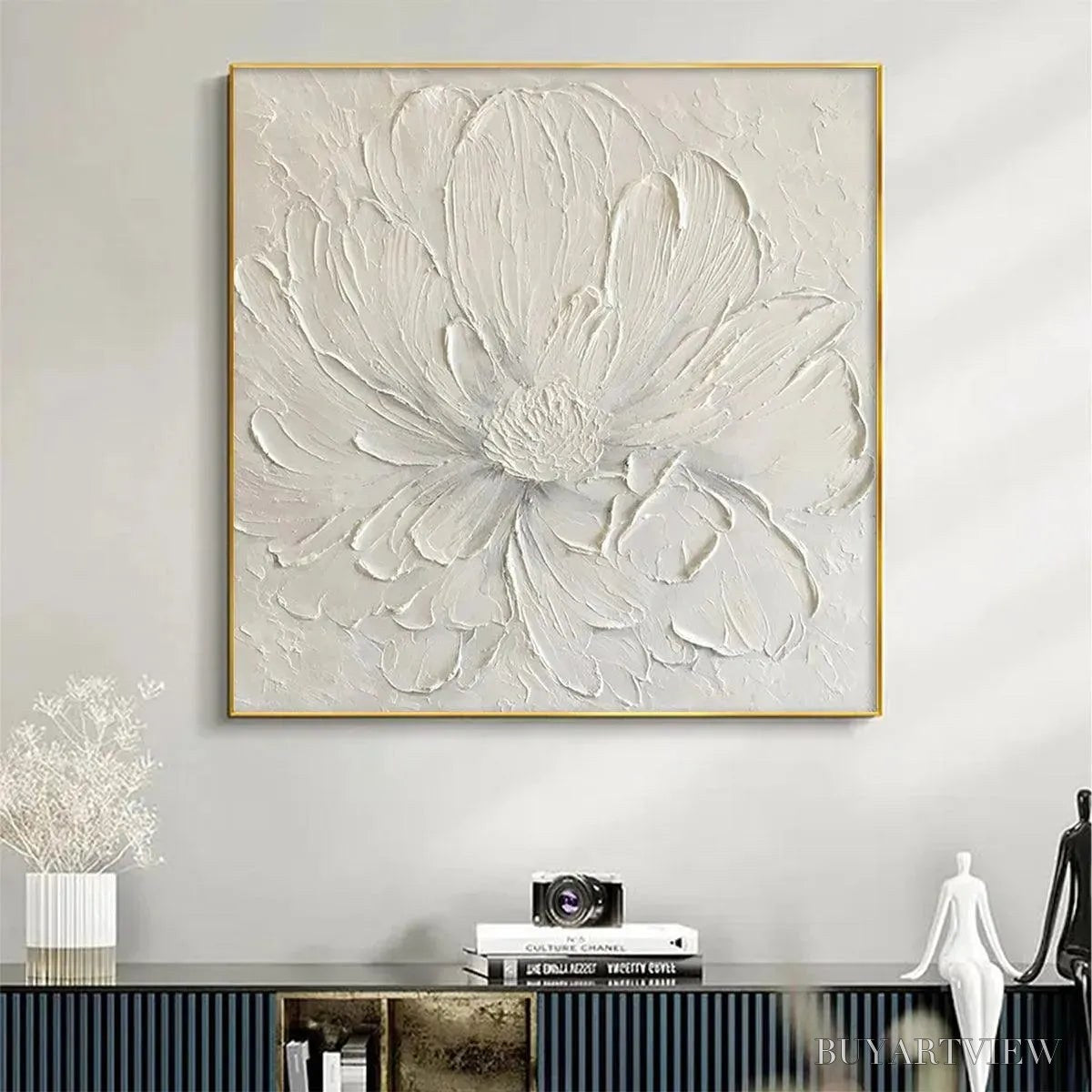 BUYARTVIEW White Peony – Textured Minimalist Floral Painting in White - image 2
