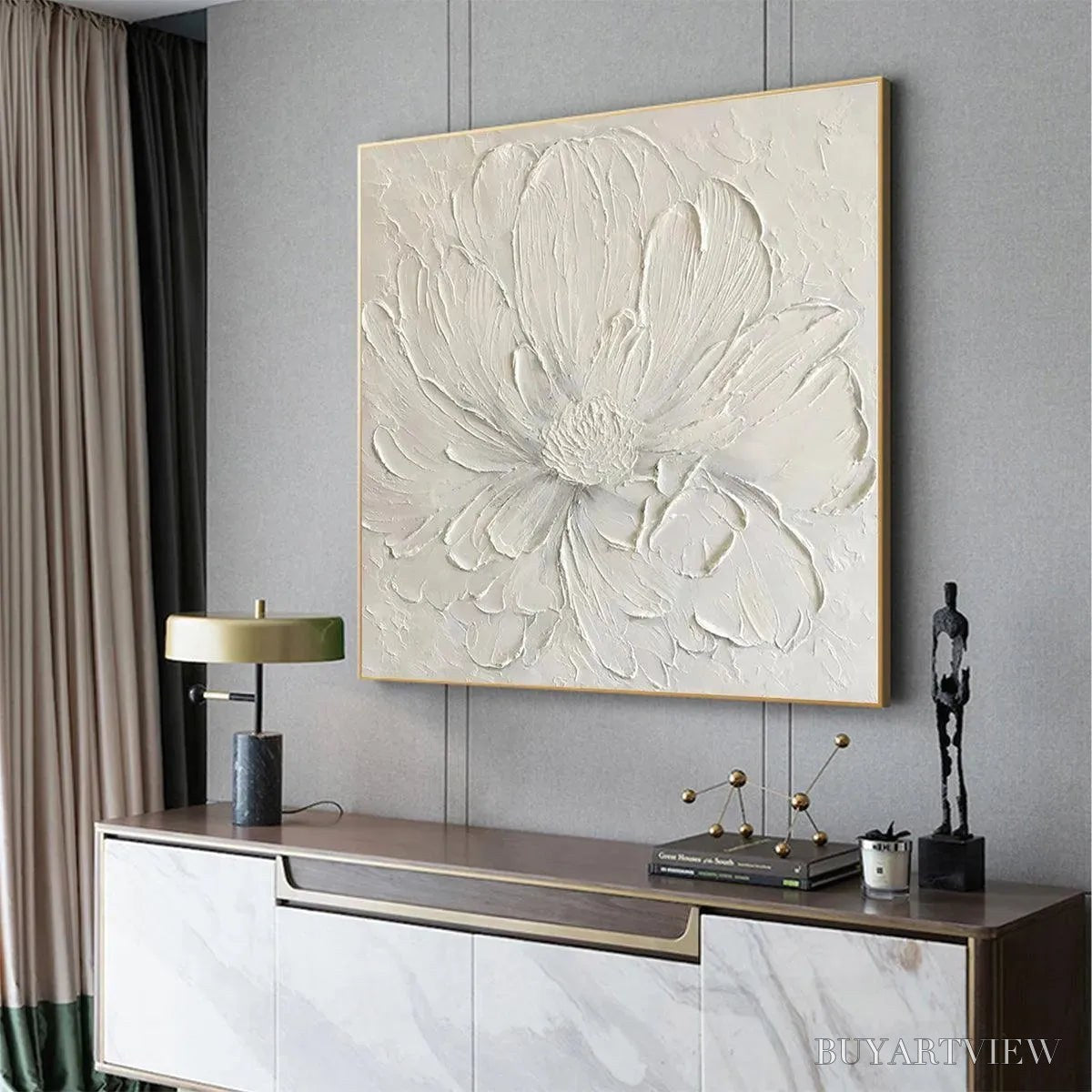 BUYARTVIEW White Peony – Textured Minimalist Floral Painting in White - image 4