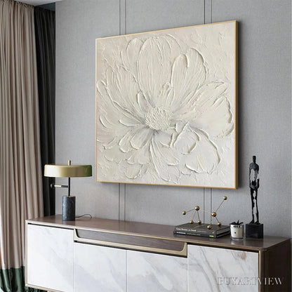 BUYARTVIEW White Peony – Textured Minimalist Floral Painting in White - image 4