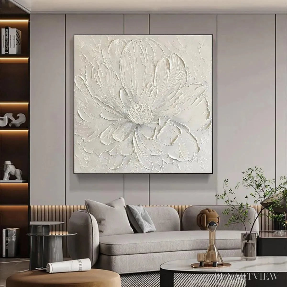 BUYARTVIEW White Peony – Textured Minimalist Floral Painting in White - image 6