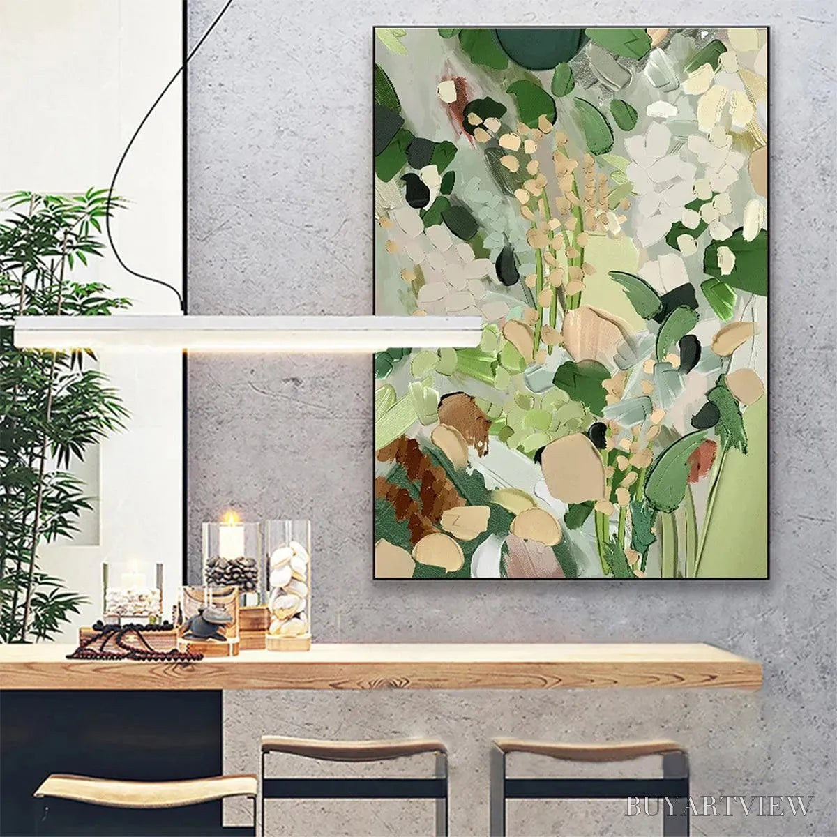 BUYARTVIEW Whispering Meadow – Textured Abstract Floral Painting in Green and Gold - image 2