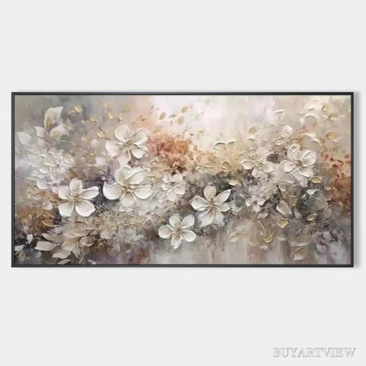 BUYARTVIEW Whispering Blossoms – Textured Beige and White Floral Impasto Painting - image 1