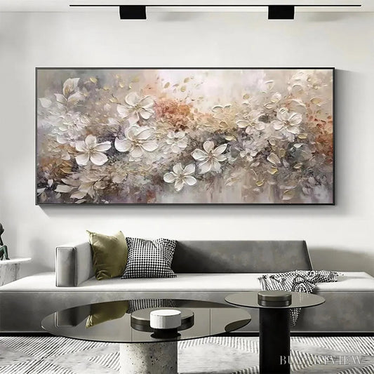 BUYARTVIEW Whispering Blossoms – Textured Beige and White Floral Impasto Painting - image 2