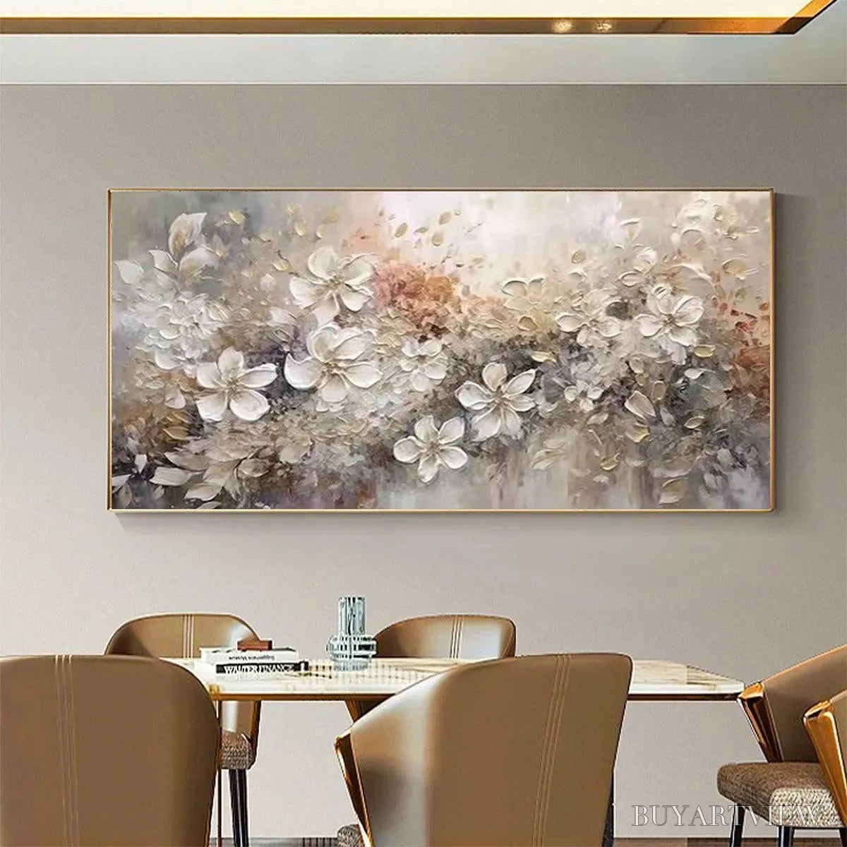 BUYARTVIEW Whispering Blossoms – Textured Beige and White Floral Impasto Painting - image 4
