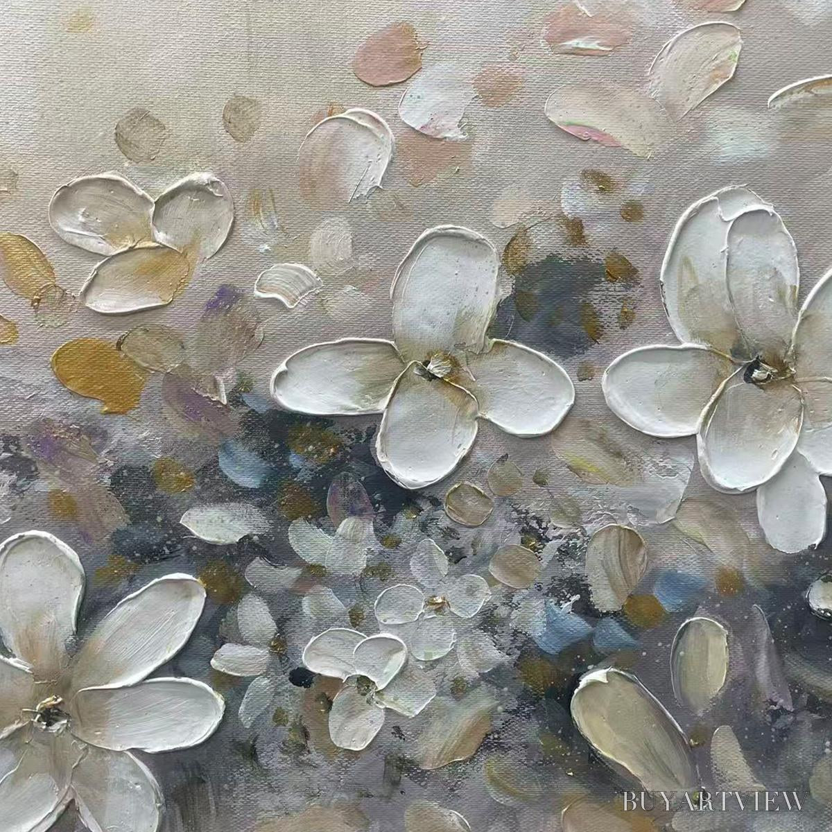 BUYARTVIEW Whispering Blossoms – Textured Beige and White Floral Impasto Painting - image 5