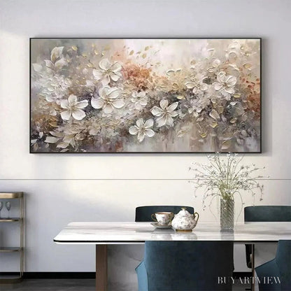 BUYARTVIEW Whispering Blossoms – Textured Beige and White Floral Impasto Painting - image 6