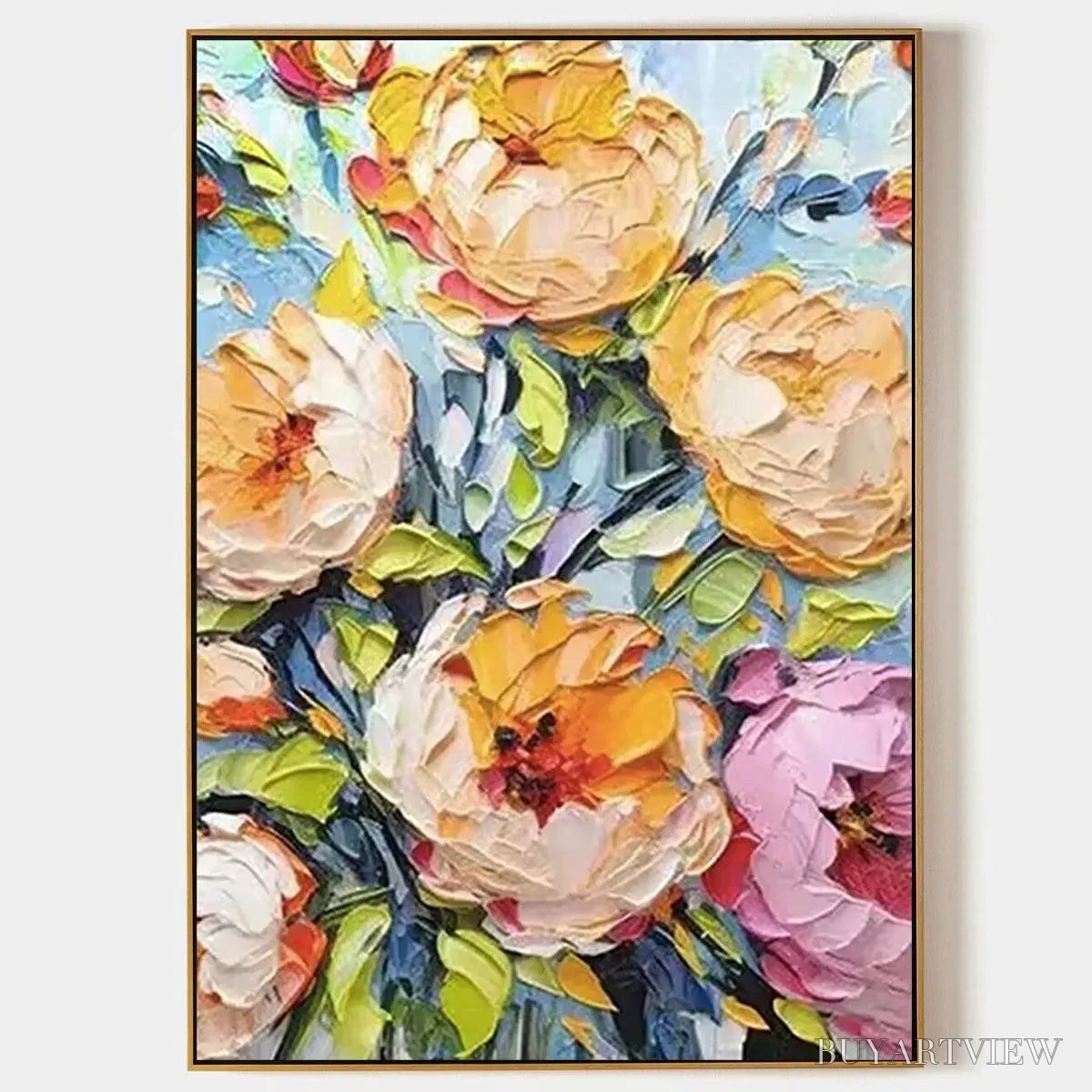 BUYARTVIEW Summer Bloom – Textured Impasto Floral Painting in Yellow and Pink - image 1