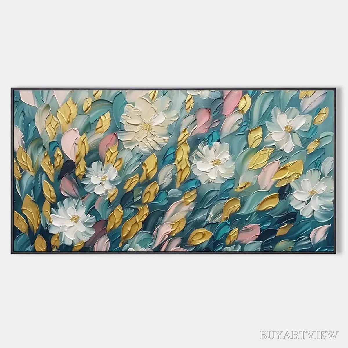 BUYARTVIEW Golden Garden – Textured Floral Painting in Teal and Gold - image 1