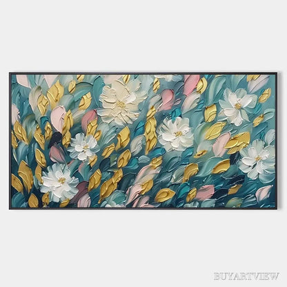 BUYARTVIEW Golden Garden – Textured Floral Painting in Teal and Gold - image 1