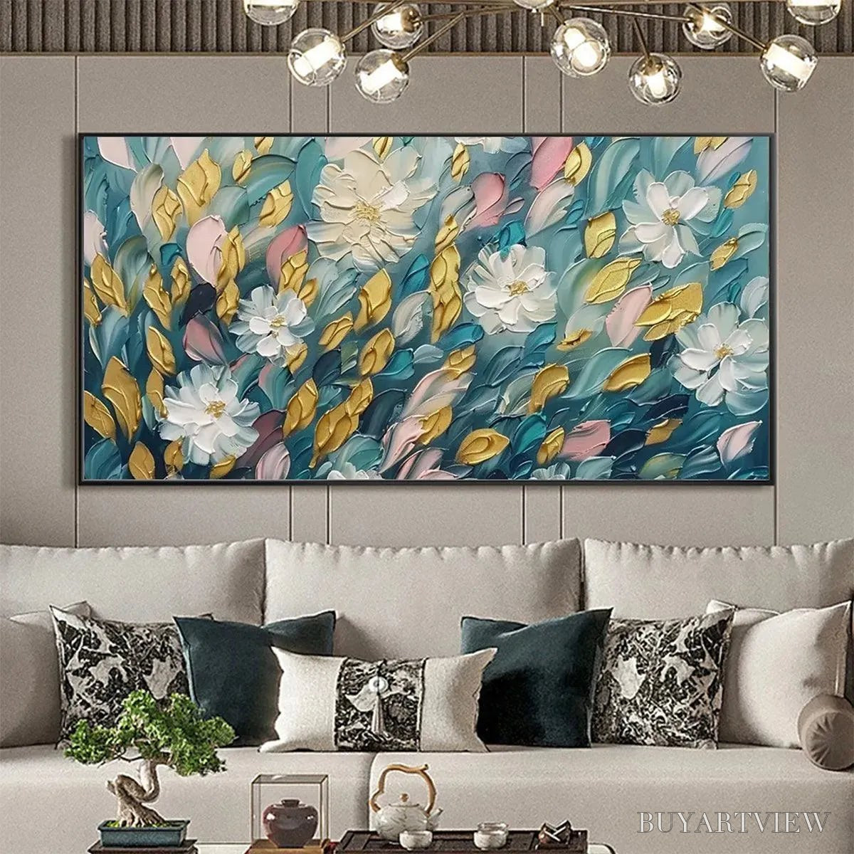 BUYARTVIEW Golden Garden – Textured Floral Painting in Teal and Gold - image 2