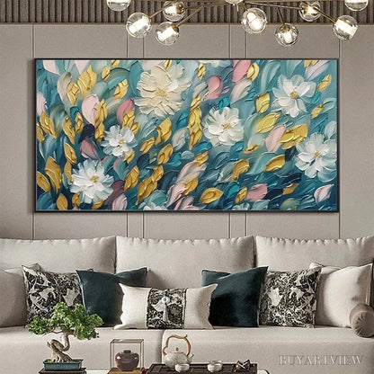 BUYARTVIEW Golden Garden – Textured Floral Painting in Teal and Gold - image 2