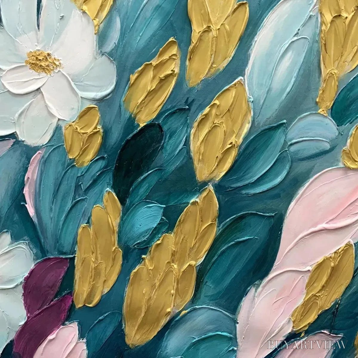 BUYARTVIEW Golden Garden – Textured Floral Painting in Teal and Gold - image 3