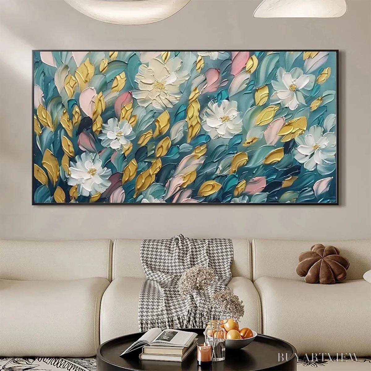BUYARTVIEW Golden Garden – Textured Floral Painting in Teal and Gold - image 4