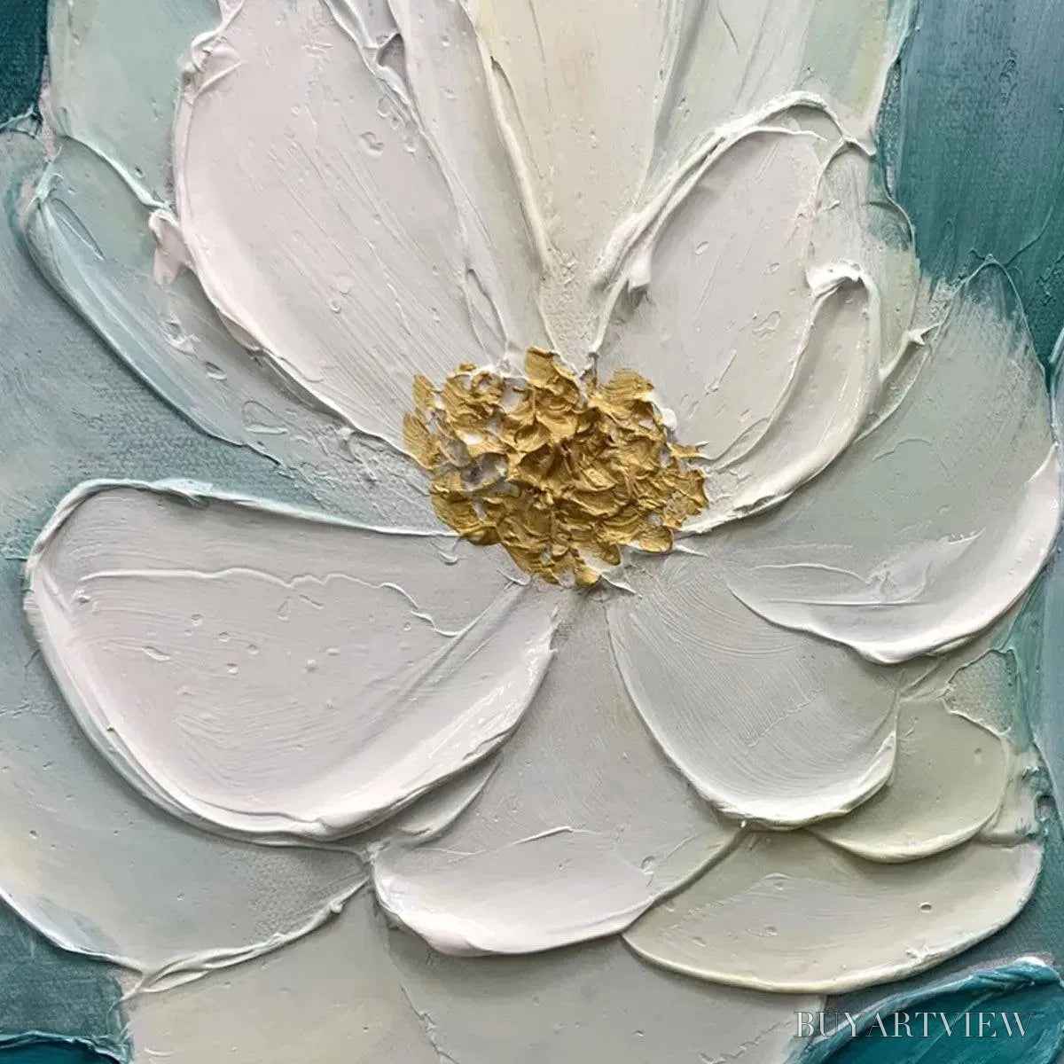 BUYARTVIEW Golden Garden – Textured Floral Painting in Teal and Gold - image 5