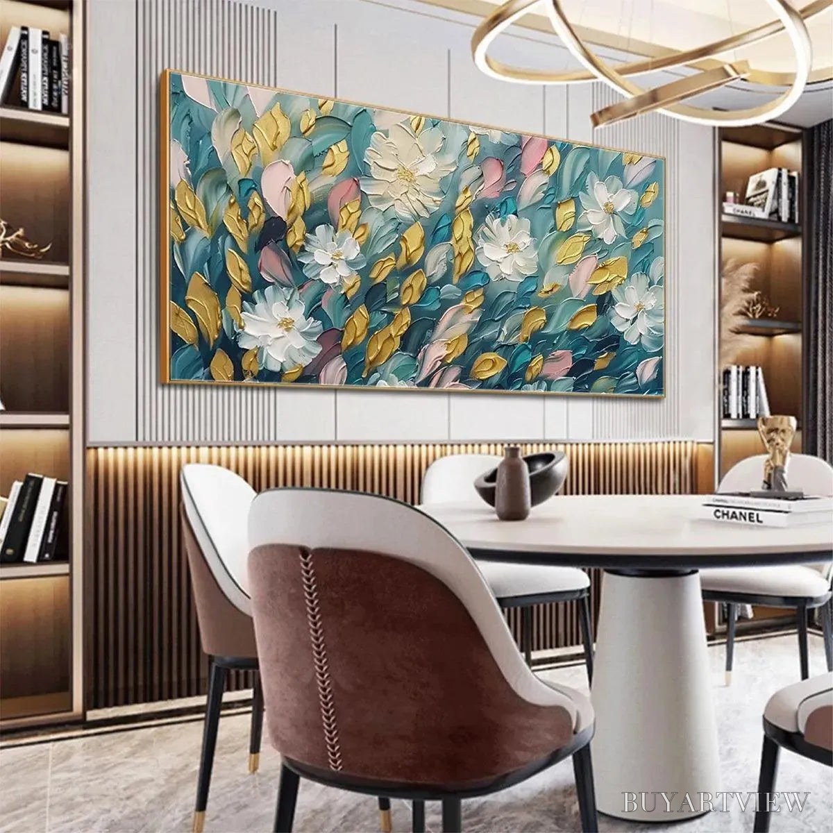 BUYARTVIEW Golden Garden – Textured Floral Painting in Teal and Gold - image 6