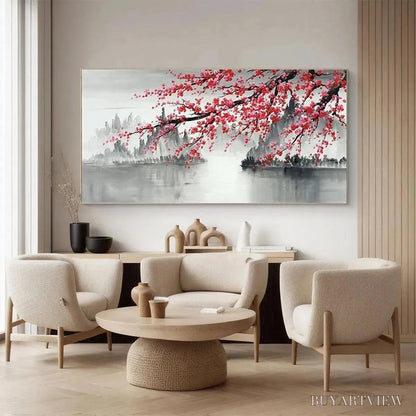 BUYARTVIEW Cherry Blossom Serenity – Horizontal Cherry Blossom Landscape Painting - image 5