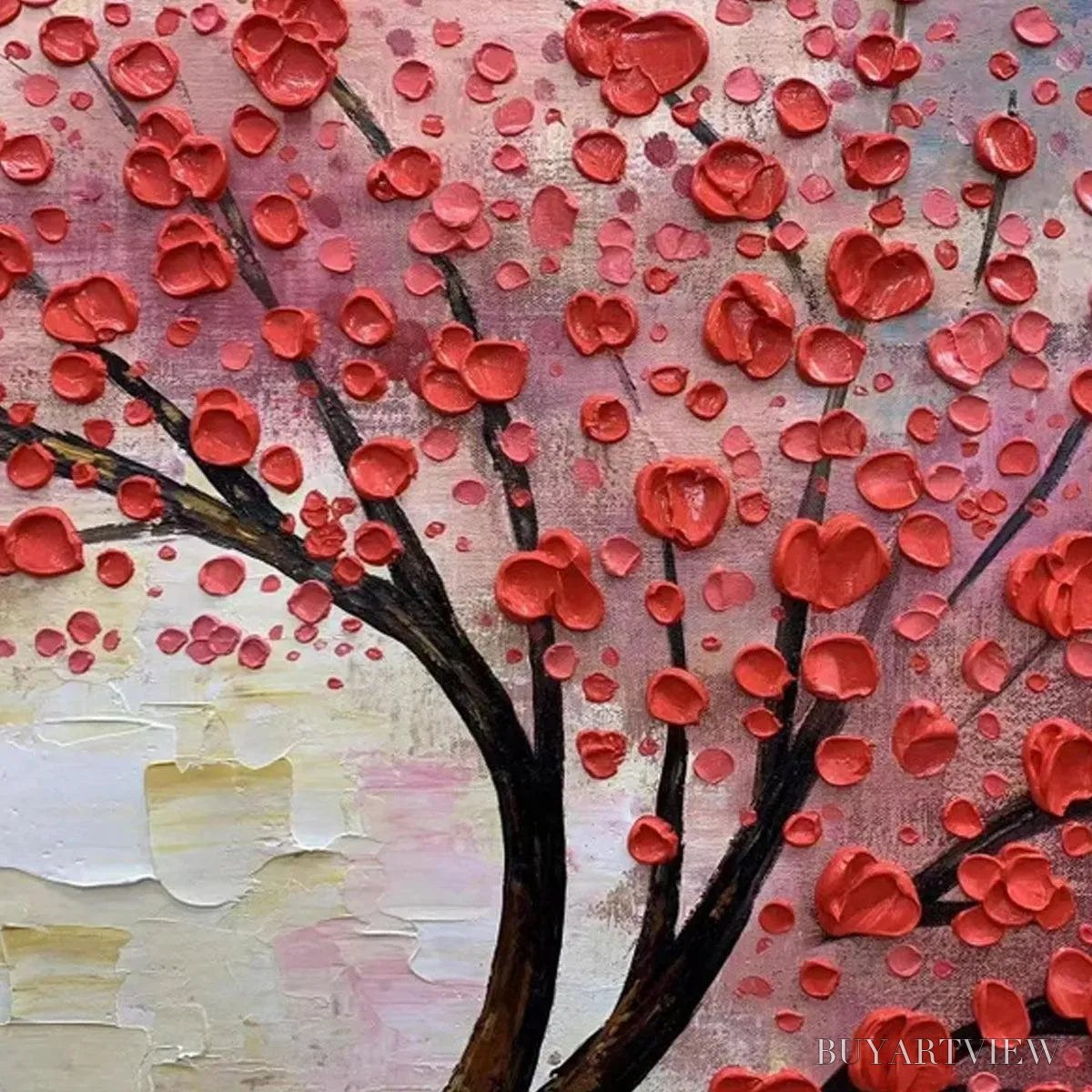 BUYARTVIEW Heart Tree – Textured Impasto Red Tree Painting with Heart-Shaped Leaves - image 3