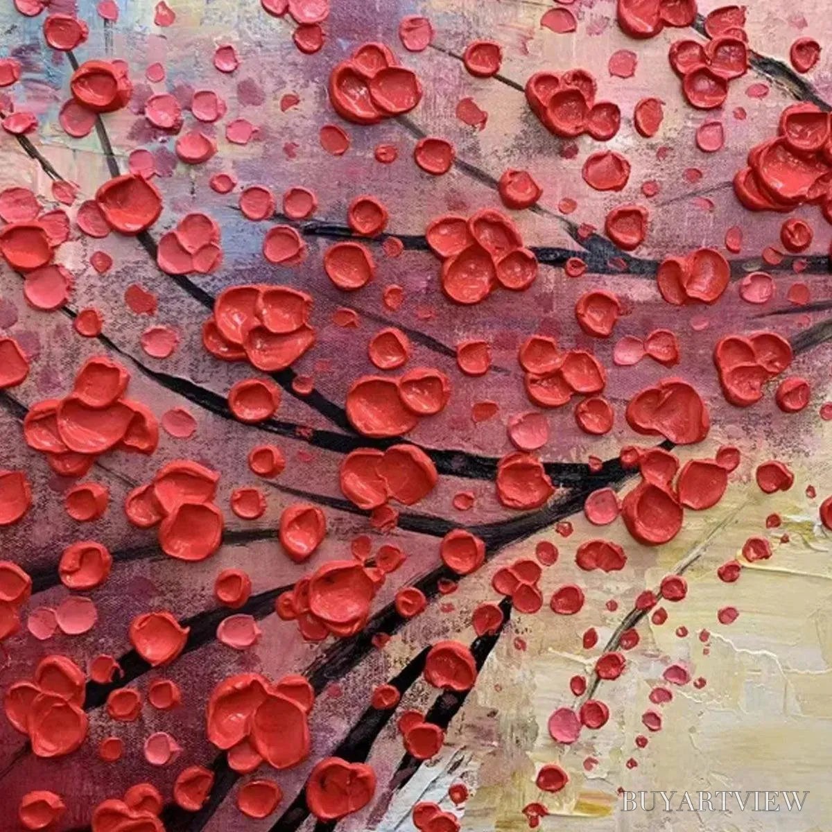 BUYARTVIEW Heart Tree – Textured Impasto Red Tree Painting with Heart-Shaped Leaves - image 5