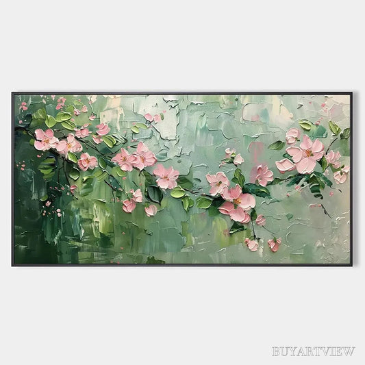 BUYARTVIEW Spring Blossom – Textured Pink Floral Painting on Green Background - image 1