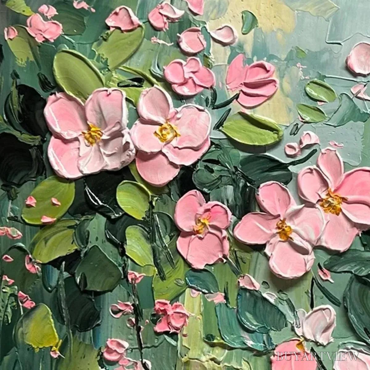 BUYARTVIEW Spring Blossom – Textured Pink Floral Painting on Green Background - image 3