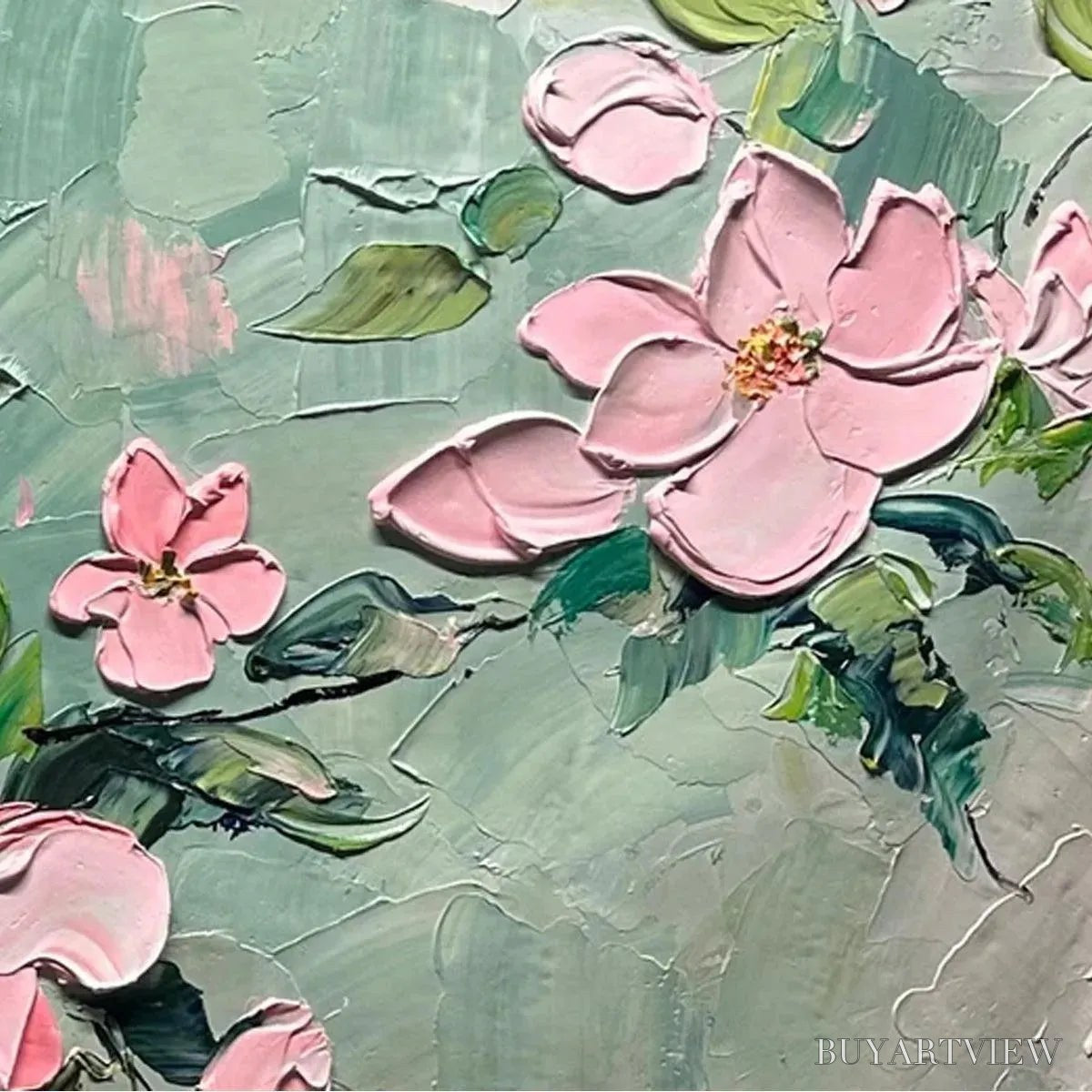BUYARTVIEW Spring Blossom – Textured Pink Floral Painting on Green Background - image 5