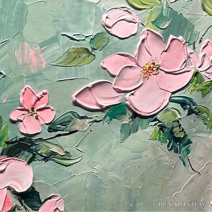 BUYARTVIEW Spring Blossom – Textured Pink Floral Painting on Green Background - image 5