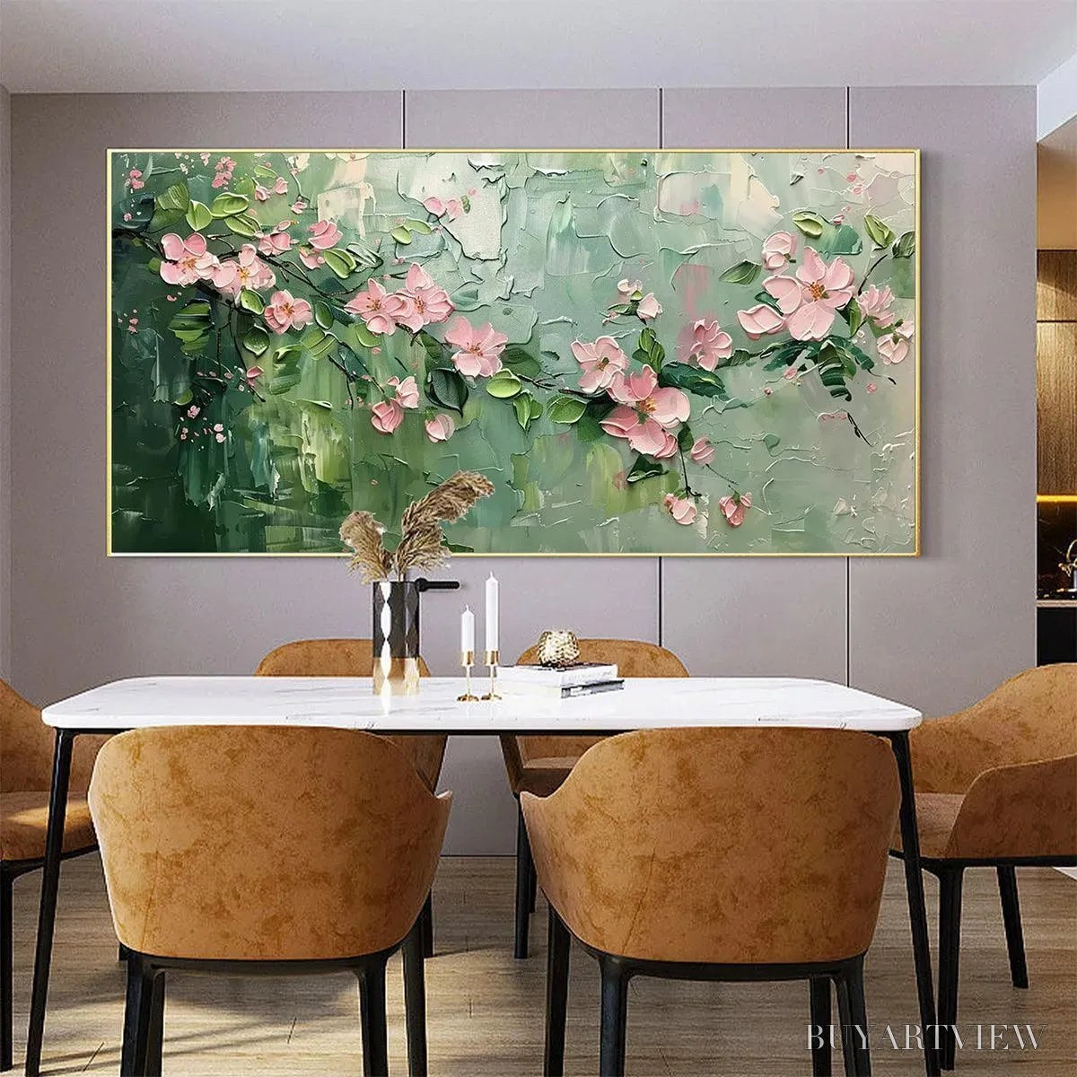 BUYARTVIEW Spring Blossom – Textured Pink Floral Painting on Green Background - image 6