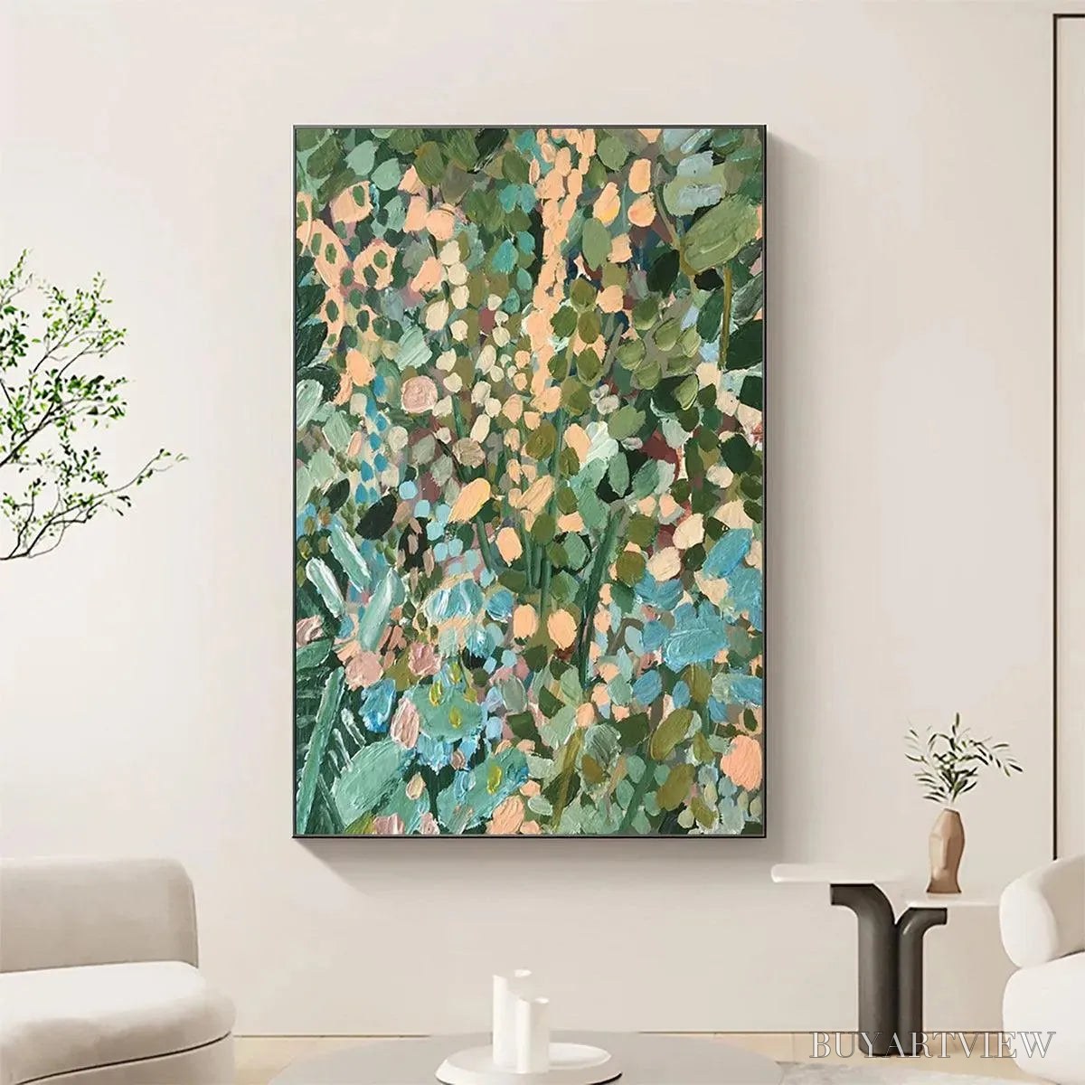 BUYARTVIEW Enchanted Garden – Vertical Abstract Floral Painting in Green, Blue, and Peach - image 2