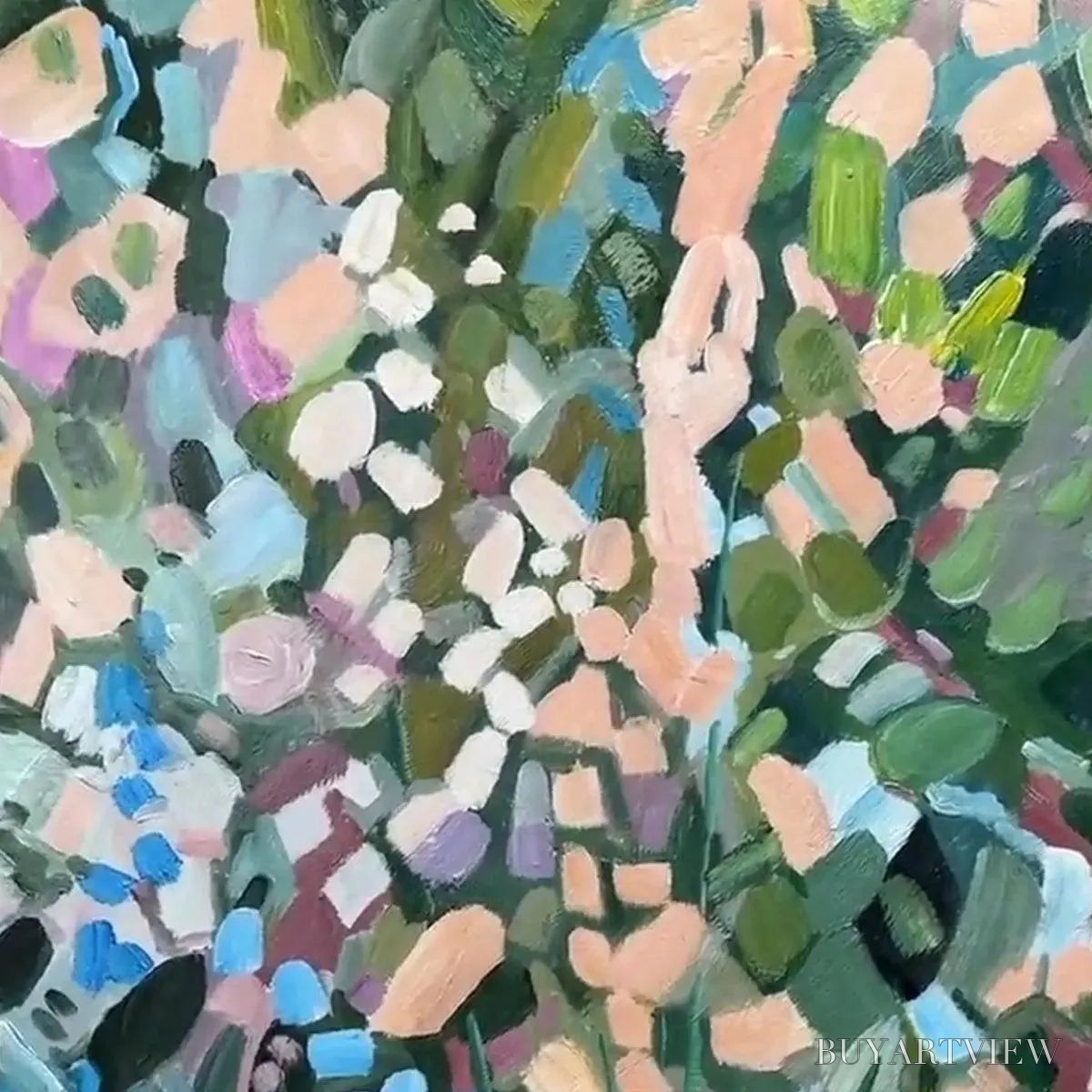 BUYARTVIEW Enchanted Garden – Vertical Abstract Floral Painting in Green, Blue, and Peach - image 3