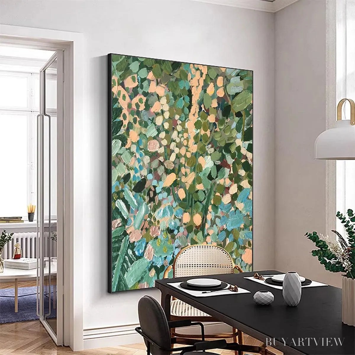 BUYARTVIEW Enchanted Garden – Vertical Abstract Floral Painting in Green, Blue, and Peach - image 4