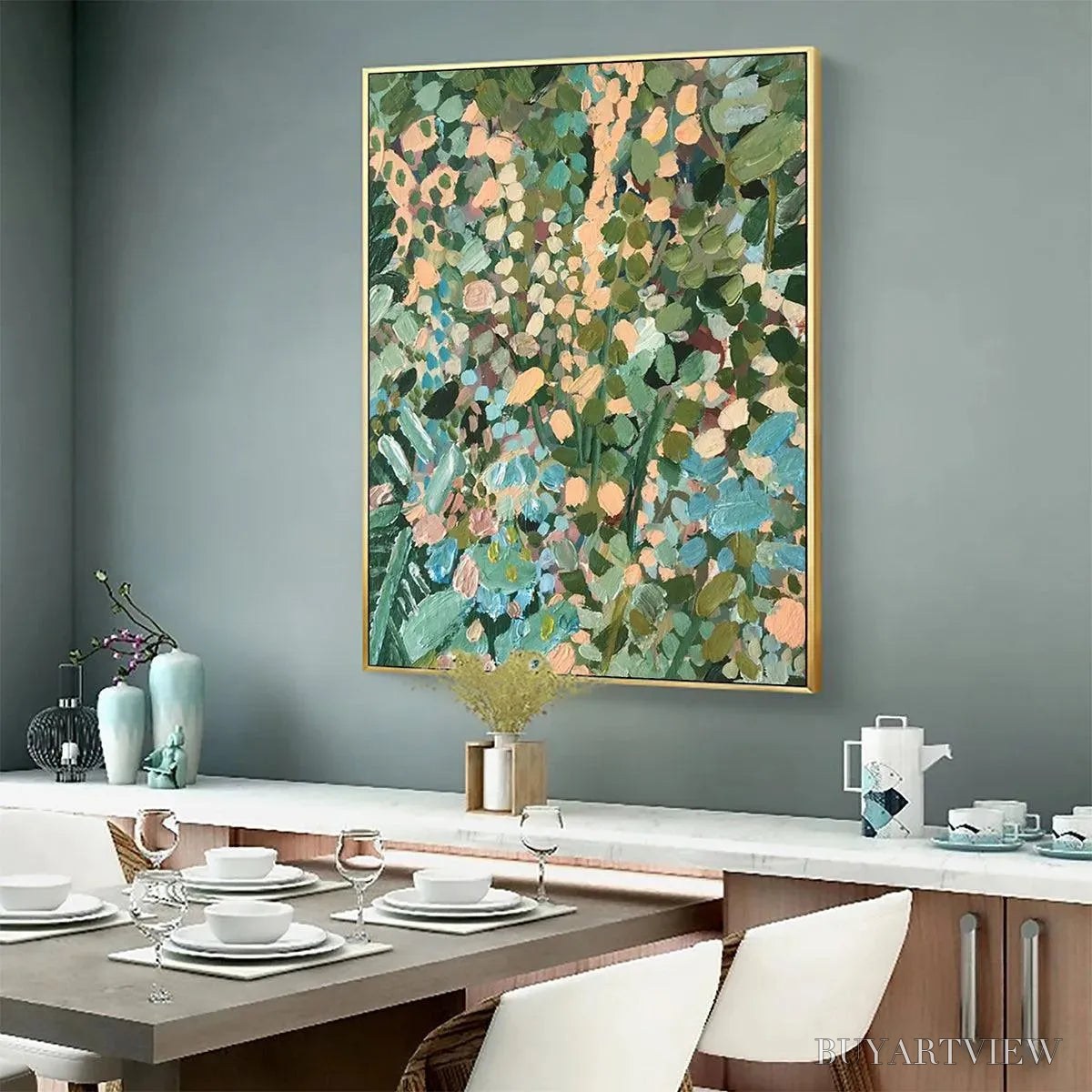 BUYARTVIEW Enchanted Garden – Vertical Abstract Floral Painting in Green, Blue, and Peach - image 6