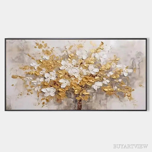 BUYARTVIEW Golden Garden – Textured White and Gold Floral Impasto Painting - image 1