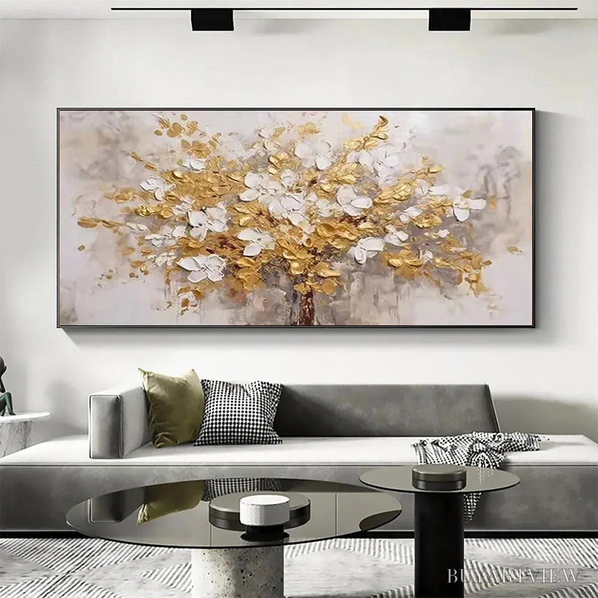 BUYARTVIEW Golden Garden – Textured White and Gold Floral Impasto Painting - image 2